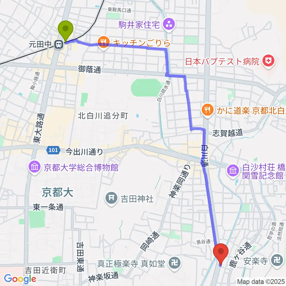 元田中駅から外 sotoへのルートマップ地図