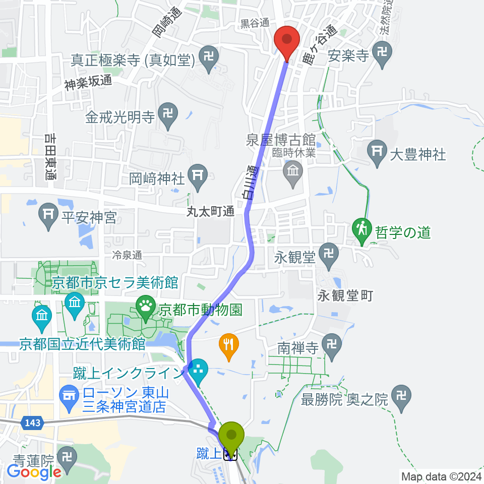 外 sotoの最寄駅蹴上駅からの徒歩ルート（約26分）地図