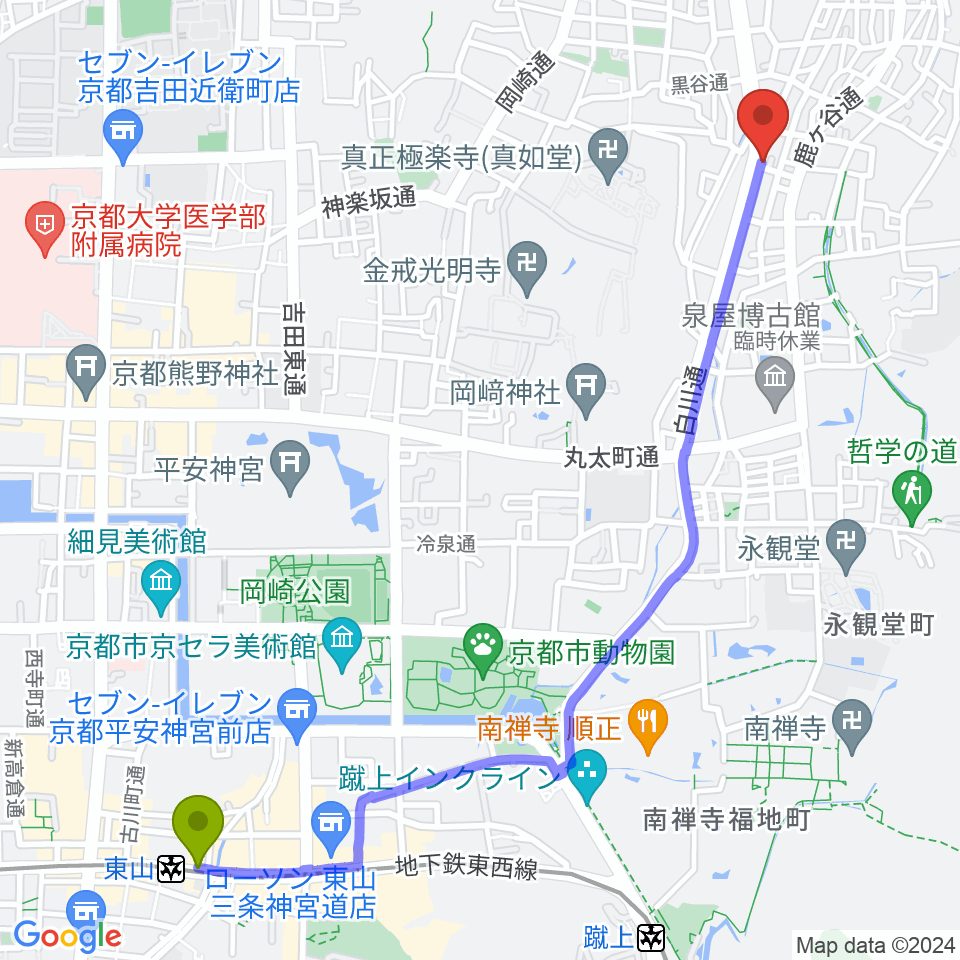 東山駅から外 sotoへのルートマップ地図