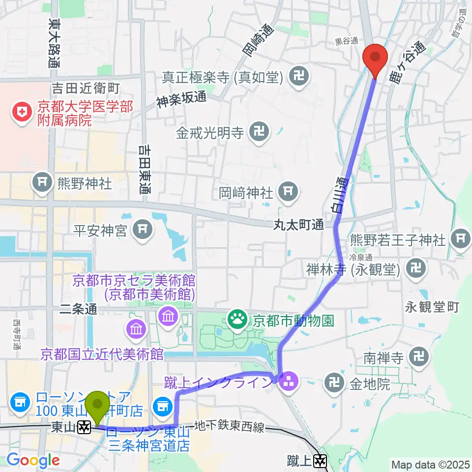 東山駅から外 sotoへのルートマップ地図