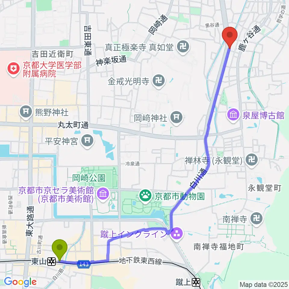 東山駅から外 sotoへのルートマップ地図