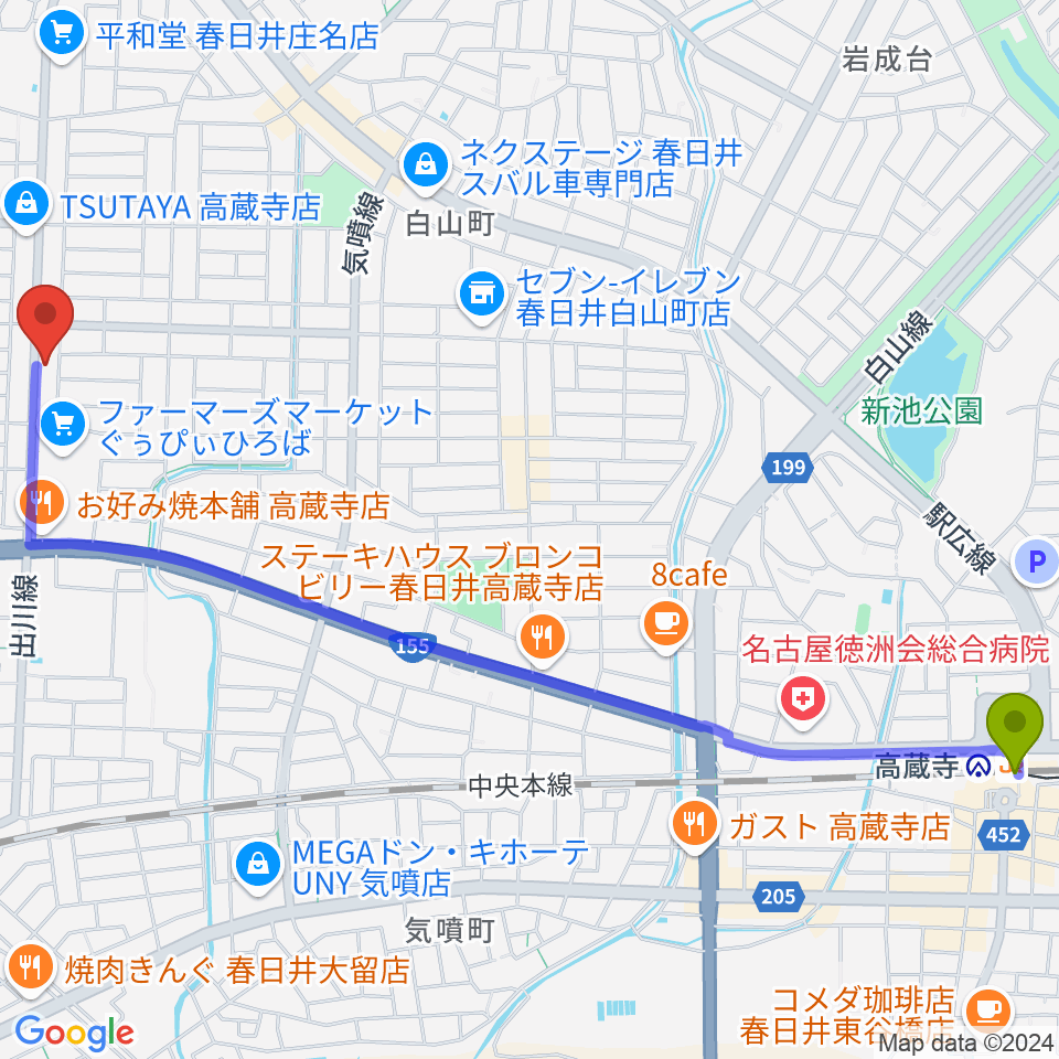 Bizen Worksの最寄駅高蔵寺駅からの徒歩ルート（約31分）地図