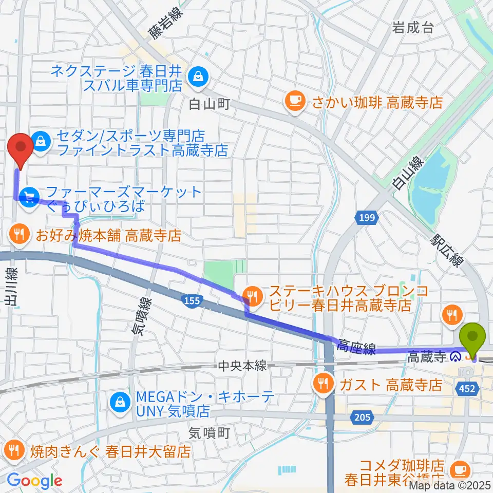 Bizen Worksの最寄駅高蔵寺駅からの徒歩ルート（約31分）地図