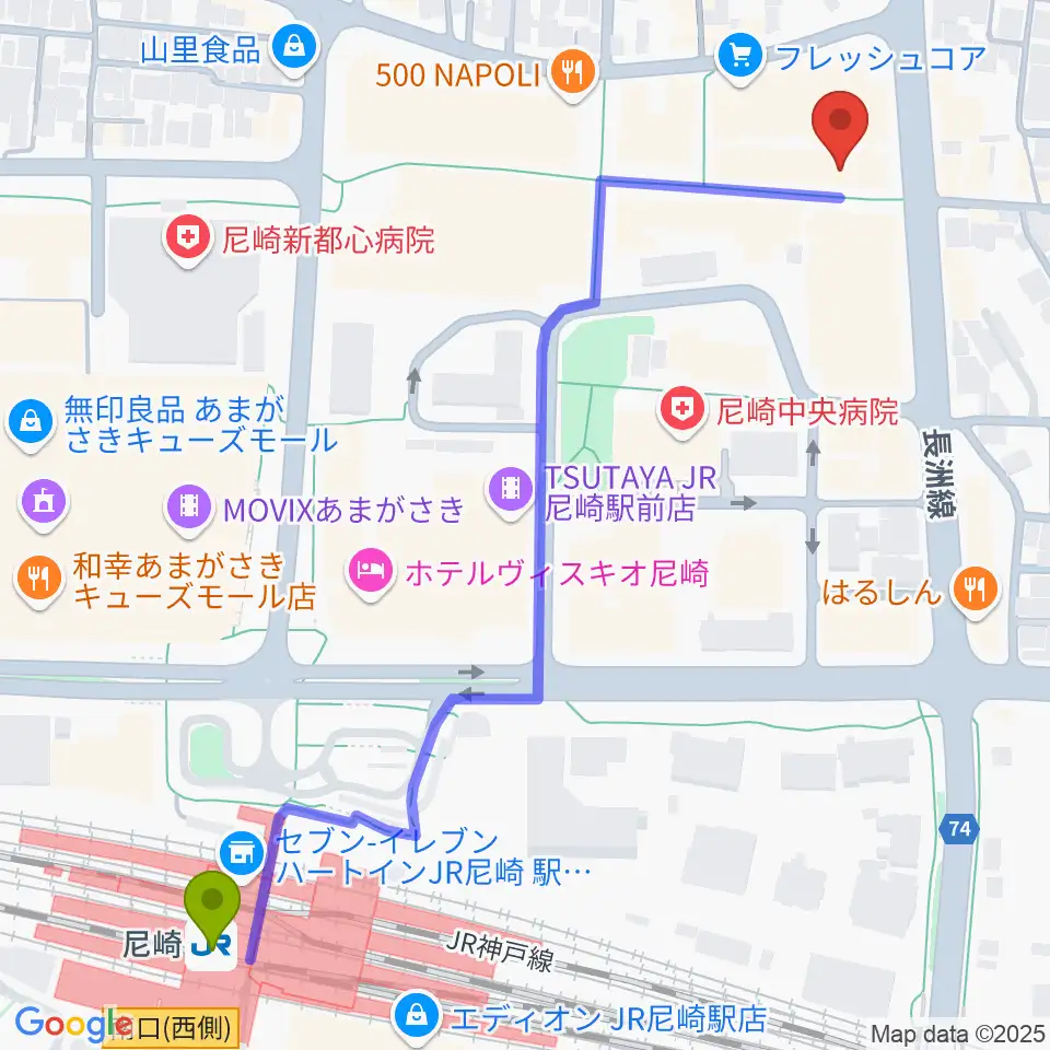 アール・エイチ・ワイ尼崎スタジオの最寄駅尼崎駅からの徒歩ルート（約7分）地図