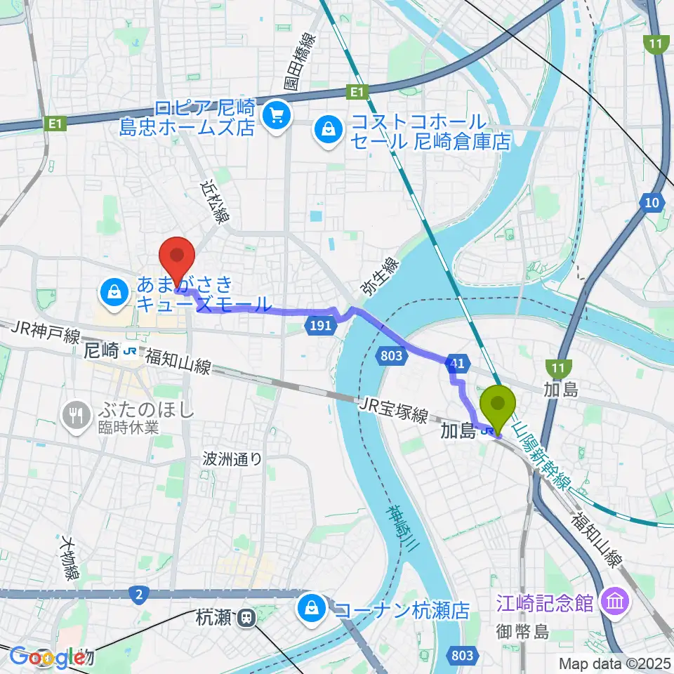 加島駅からアール・エイチ・ワイ尼崎スタジオへのルートマップ地図