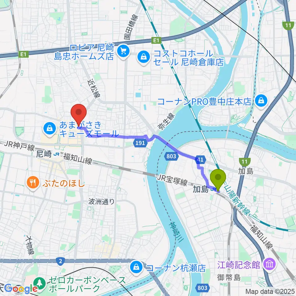 加島駅からアール・エイチ・ワイ尼崎スタジオへのルートマップ地図