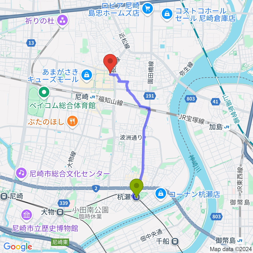 杭瀬駅からアール・エイチ・ワイ尼崎スタジオへのルートマップ地図