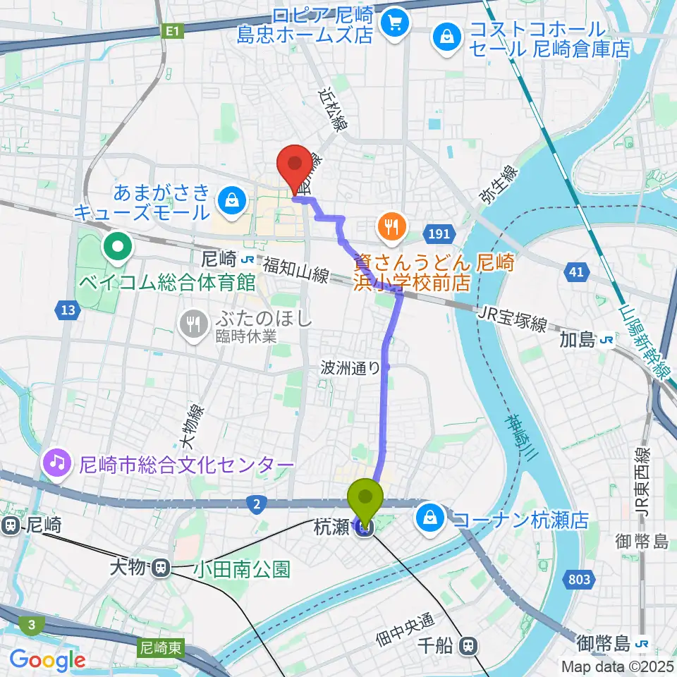 杭瀬駅からアール・エイチ・ワイ尼崎スタジオへのルートマップ地図