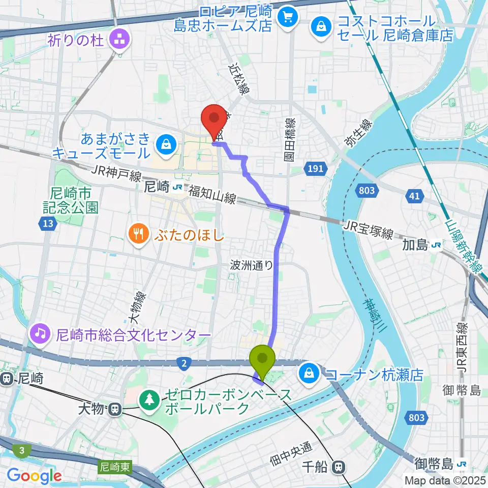 杭瀬駅からアール・エイチ・ワイ尼崎スタジオへのルートマップ地図