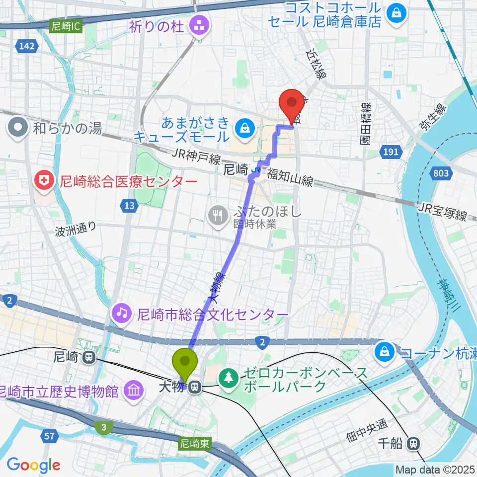 大物駅からアール・エイチ・ワイ尼崎スタジオへのルートマップ地図