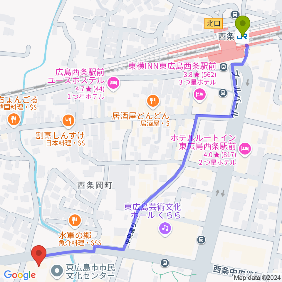 Music Pro Shopセッション西条駅前店の最寄駅西条駅からの徒歩ルート（約9分）地図