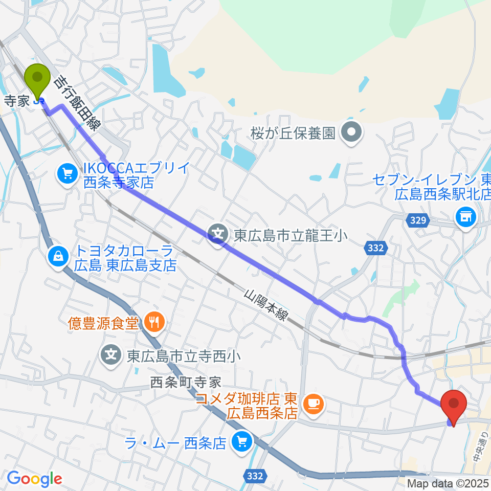 寺家駅からMusic Pro Shopセッション西条駅前店へのルートマップ地図