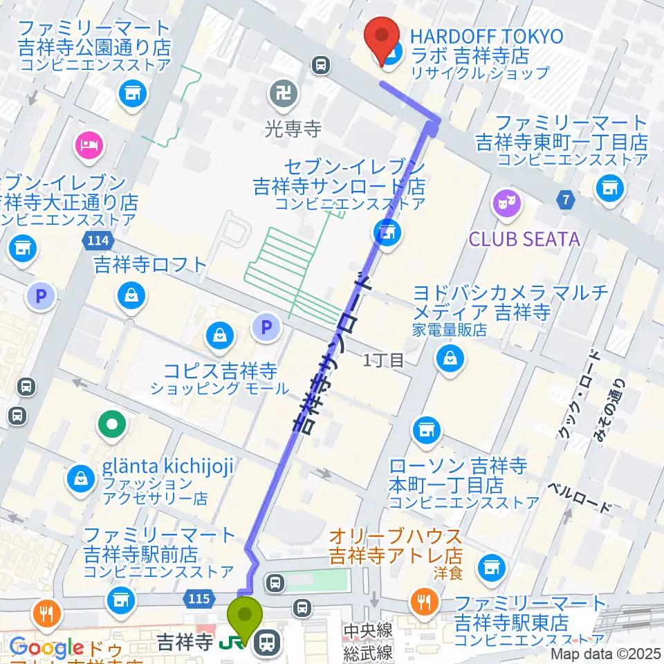 ハードオフ 楽器スタジオ吉祥寺店の最寄駅吉祥寺駅からの徒歩ルート（約7分）地図