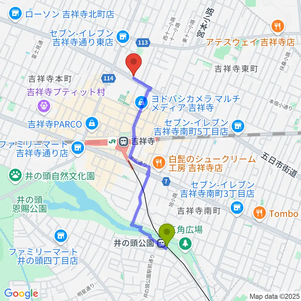井の頭公園駅からハードオフ 楽器スタジオ吉祥寺店へのルートマップ地図