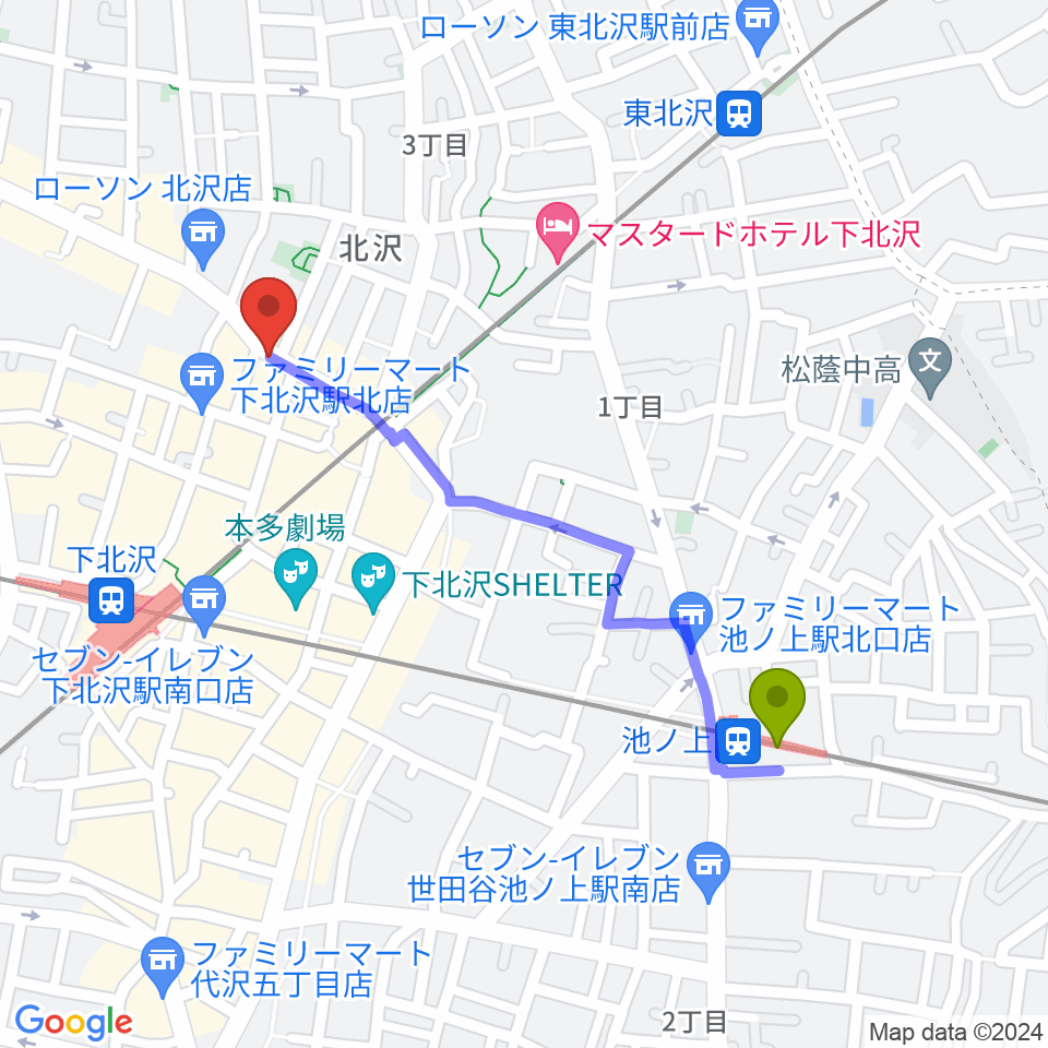 池ノ上駅からピアノスタジオノア 下北沢店へのルートマップ地図