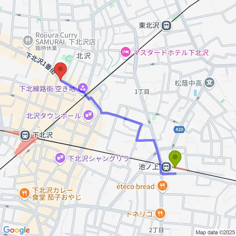 池ノ上駅からピアノスタジオノア 下北沢店へのルートマップ地図