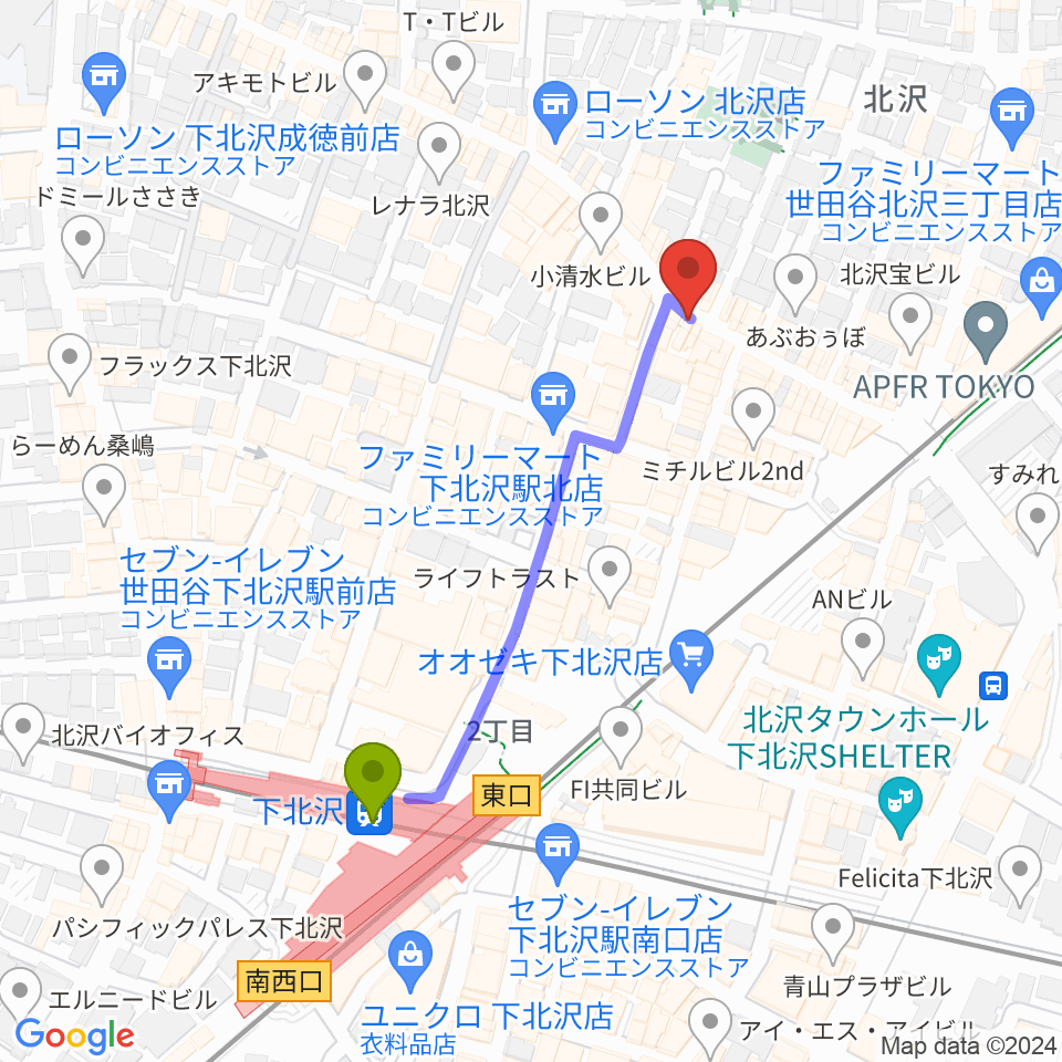 ピアノスタジオノア 下北沢店の最寄駅下北沢駅からの徒歩ルート（約4分）地図