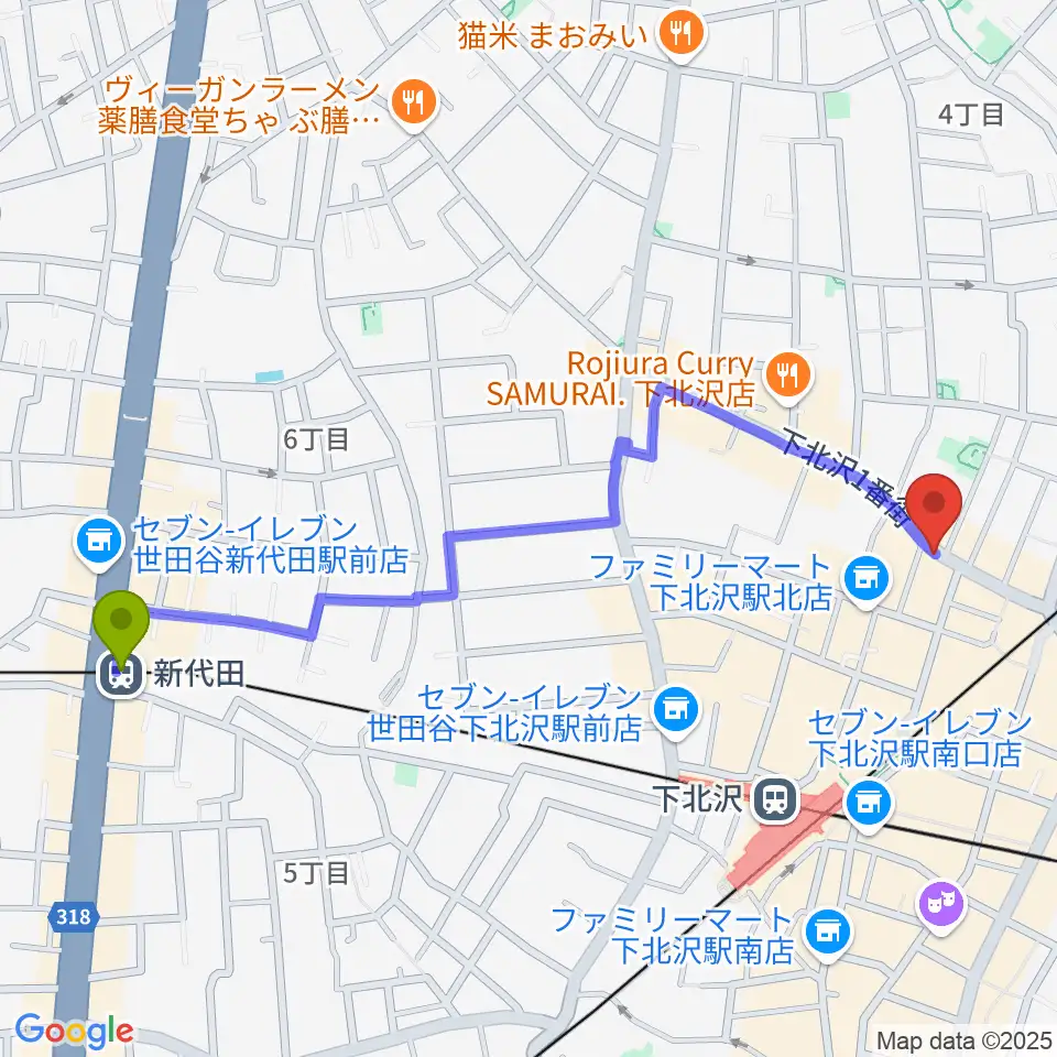 新代田駅からピアノスタジオノア 下北沢店へのルートマップ地図