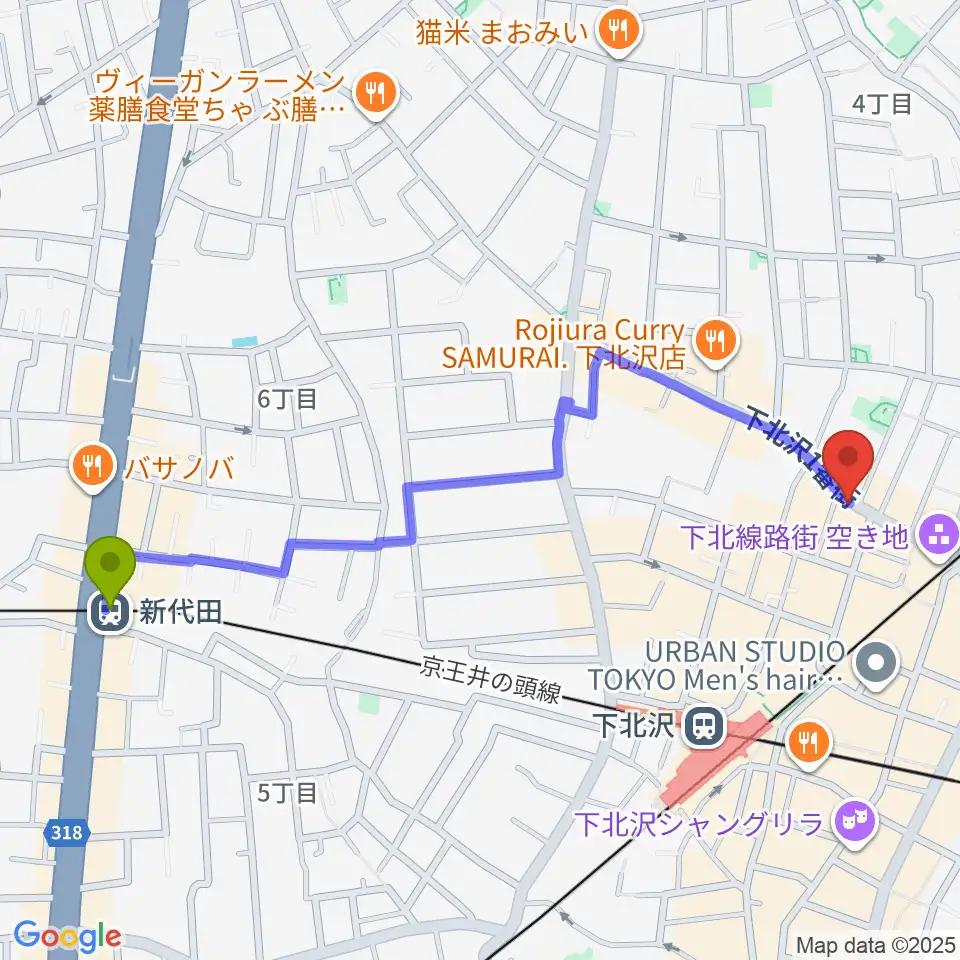 新代田駅からピアノスタジオノア 下北沢店へのルートマップ地図