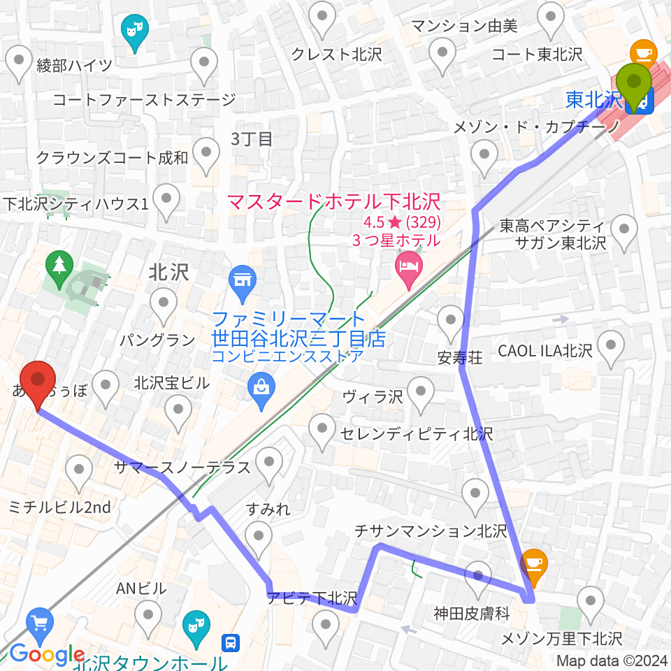 東北沢駅からピアノスタジオノア 下北沢店へのルートマップ地図