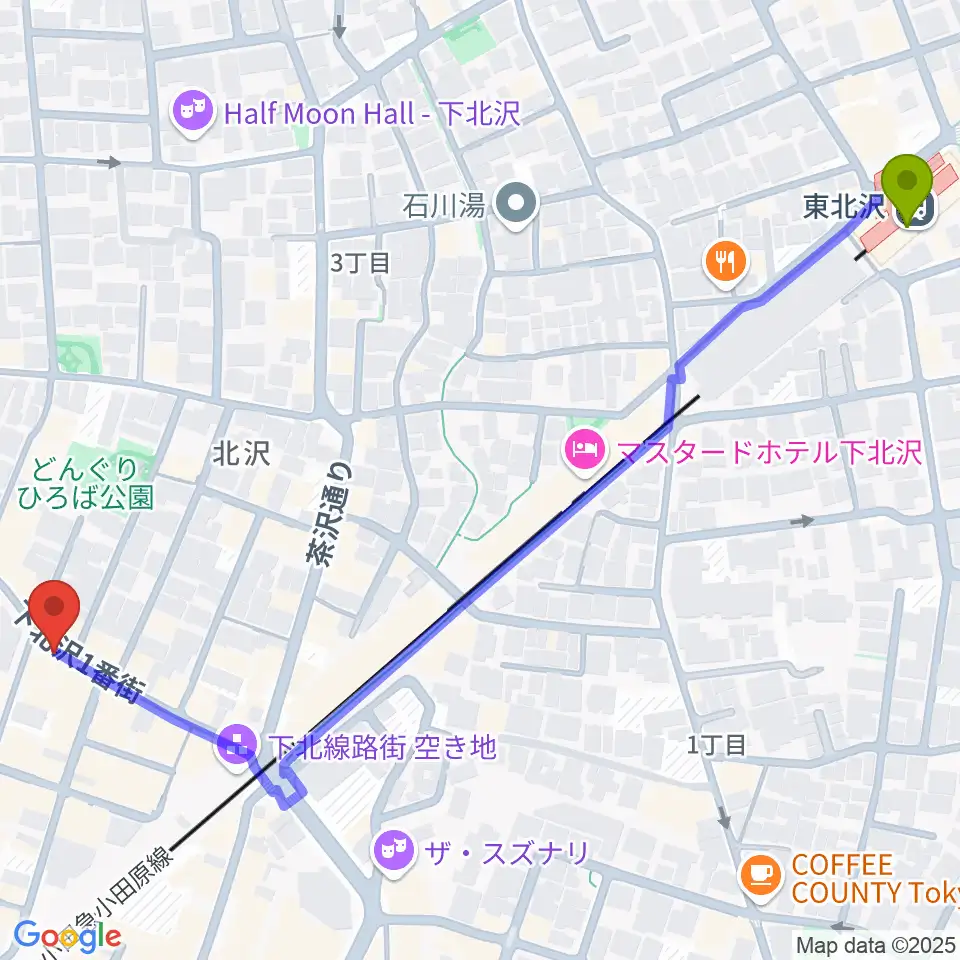 東北沢駅からピアノスタジオノア 下北沢店へのルートマップ地図
