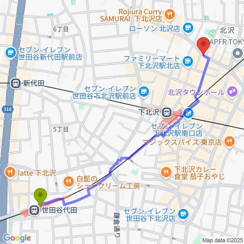世田谷代田駅からピアノスタジオノア 下北沢店へのルートマップ地図