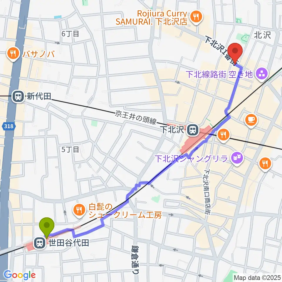 世田谷代田駅からピアノスタジオノア 下北沢店へのルートマップ地図