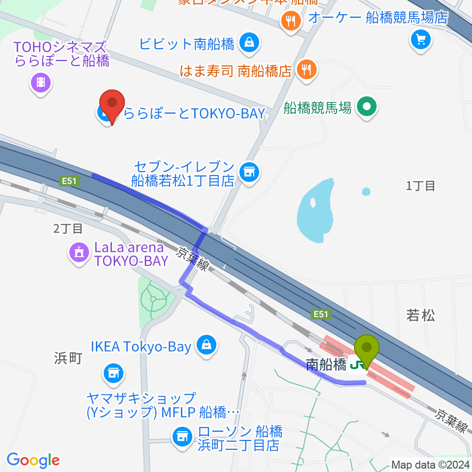 伊藤楽器 ららぽーとTOKYO-BAY店の最寄駅南船橋駅からの徒歩ルート（約12分）地図