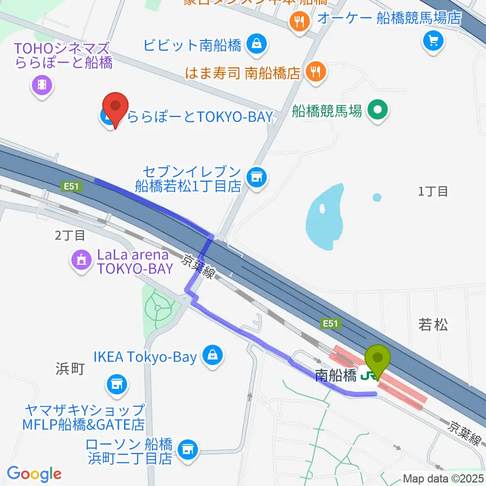 伊藤楽器 ららぽーとTOKYO-BAY店の最寄駅南船橋駅からの徒歩ルート（約12分）地図