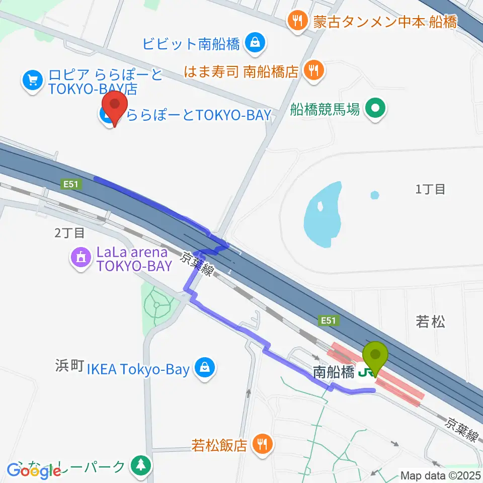 伊藤楽器 ららぽーとTOKYO-BAY店の最寄駅南船橋駅からの徒歩ルート（約12分）地図
