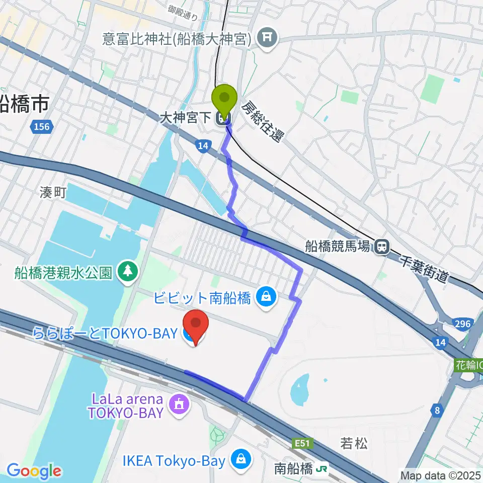 大神宮下駅から伊藤楽器 ららぽーとTOKYO-BAY店へのルートマップ地図
