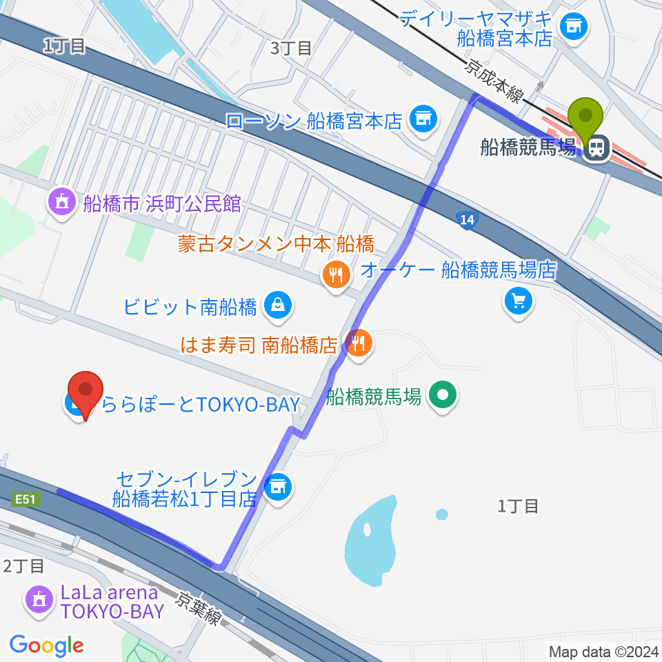 船橋競馬場駅から伊藤楽器 ららぽーとTOKYO-BAY店へのルートマップ地図