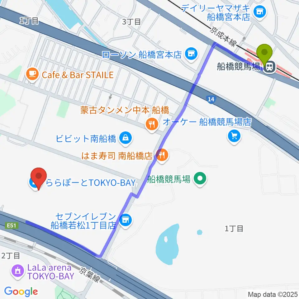 船橋競馬場駅から伊藤楽器 ららぽーとTOKYO-BAY店へのルートマップ地図