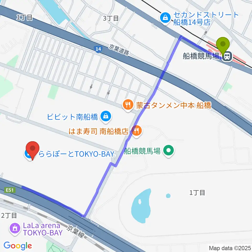 船橋競馬場駅から伊藤楽器 ららぽーとTOKYO-BAY店へのルートマップ地図