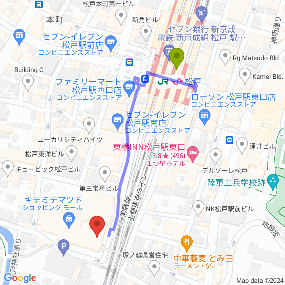 伊藤楽器ピアノシティ松戸の最寄駅松戸駅からの徒歩ルート（約5分）地図
