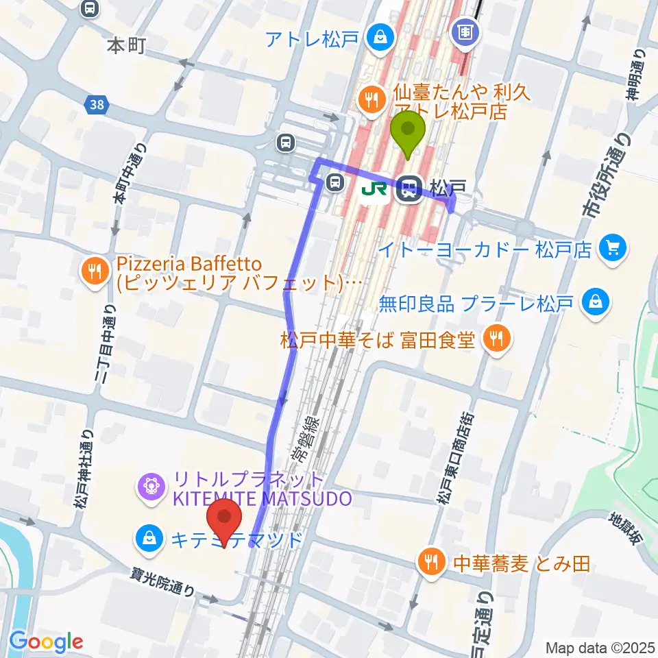伊藤楽器ピアノシティ松戸の最寄駅松戸駅からの徒歩ルート（約5分）地図