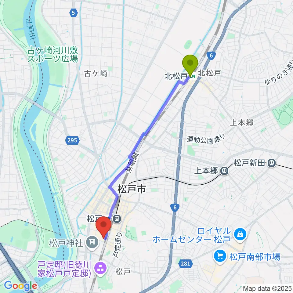 北松戸駅から伊藤楽器ピアノシティ松戸へのルートマップ地図