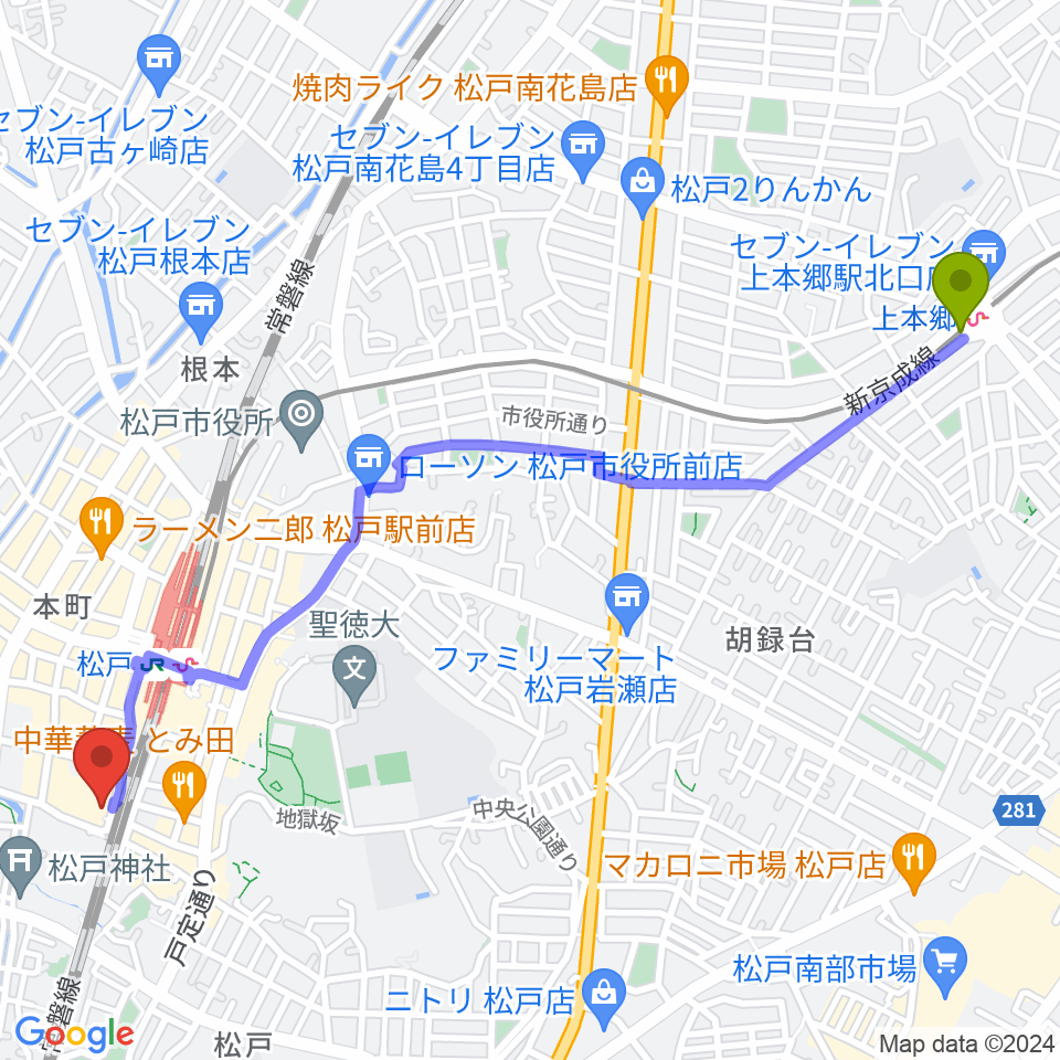 上本郷駅から伊藤楽器ピアノシティ松戸へのルートマップ地図