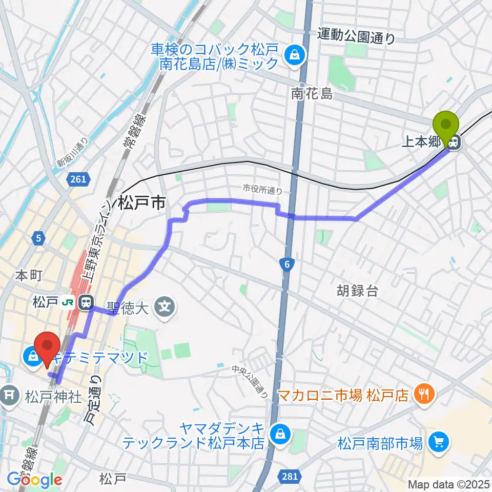 上本郷駅から伊藤楽器ピアノシティ松戸へのルートマップ地図