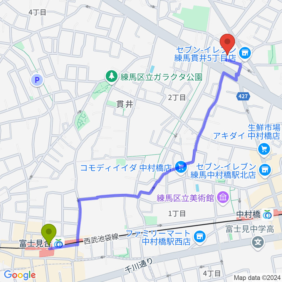 富士見台駅からいしはら音楽教室へのルートマップ地図