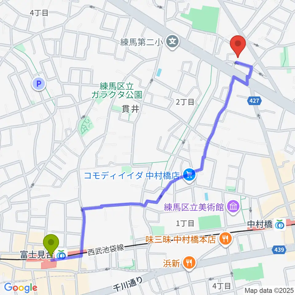 富士見台駅からいしはら音楽教室へのルートマップ地図