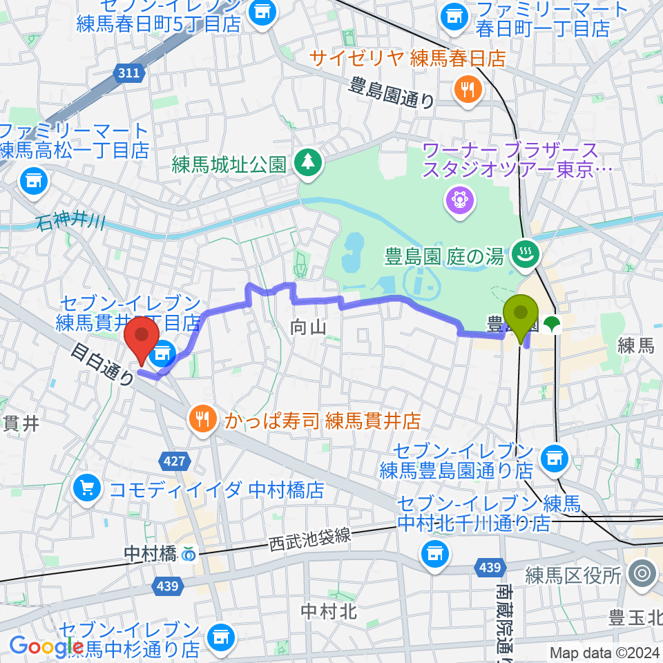 豊島園駅からいしはら音楽教室へのルートマップ地図