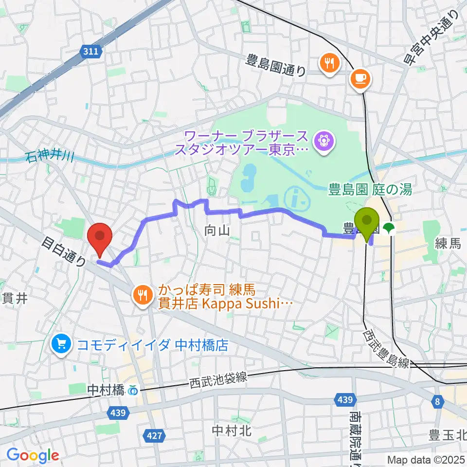 豊島園駅からいしはら音楽教室へのルートマップ地図