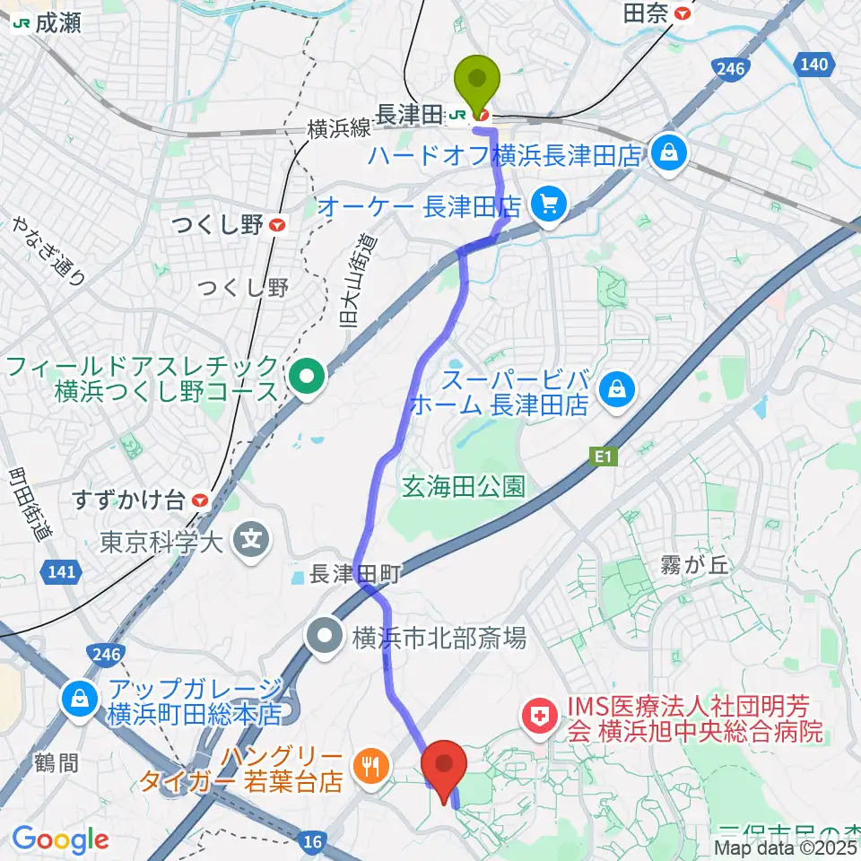 長津田駅から打鼓音 和太鼓教室へのルートマップ地図
