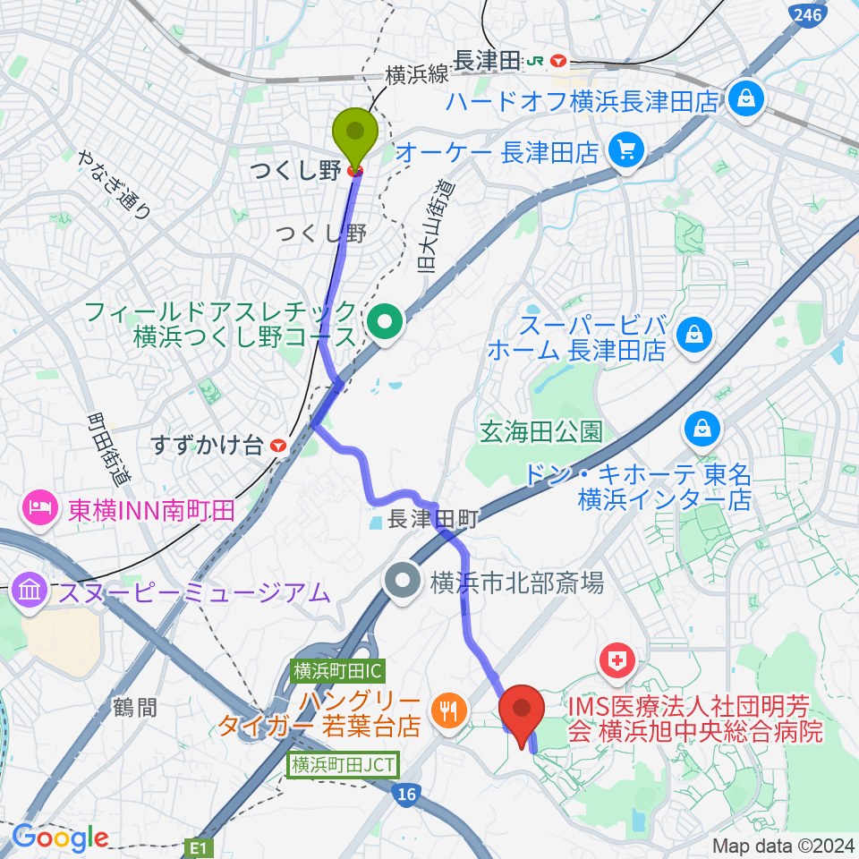 つくし野駅から打鼓音 和太鼓教室へのルートマップ地図