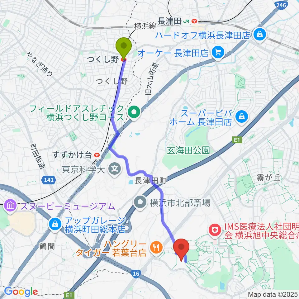 つくし野駅から打鼓音 和太鼓教室へのルートマップ地図