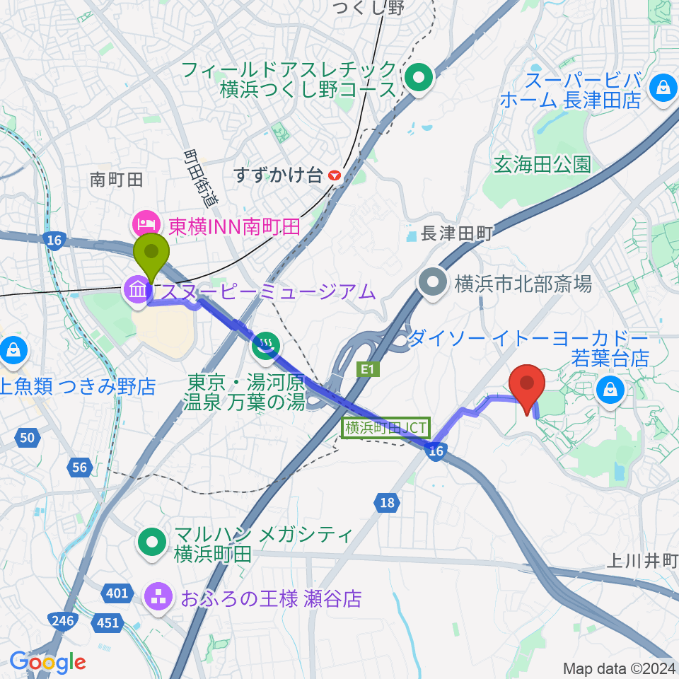 南町田グランベリーパーク駅から打鼓音 和太鼓教室へのルートマップ地図