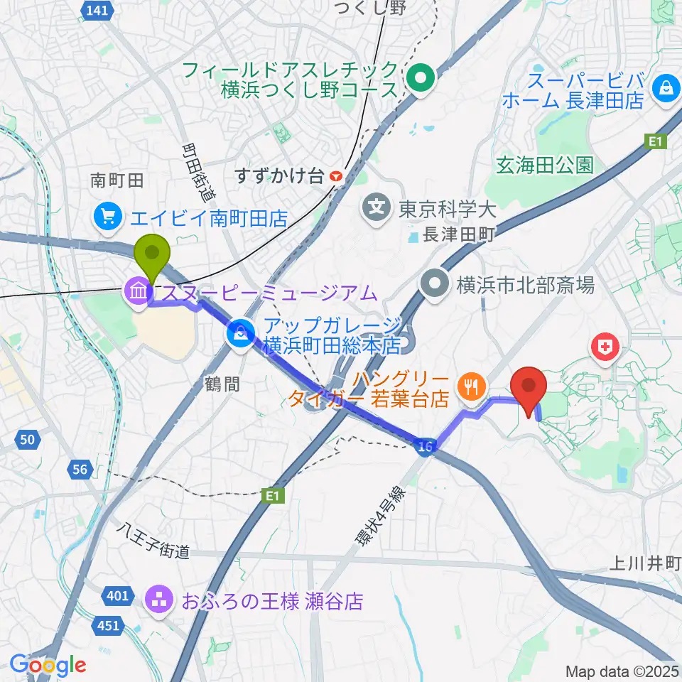 南町田グランベリーパーク駅から打鼓音 和太鼓教室へのルートマップ地図