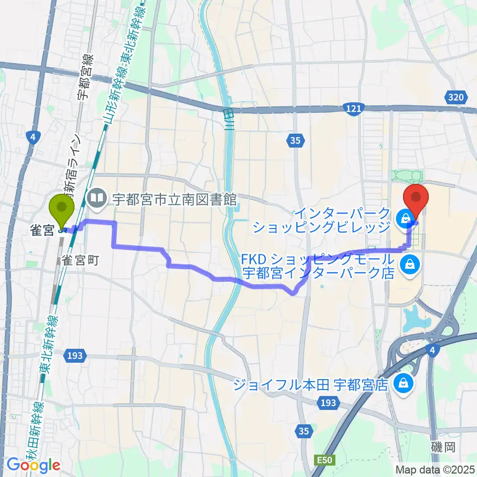 島村楽器 宇都宮インターパークビレッジ店の最寄駅雀宮駅からの徒歩ルート（約46分）地図