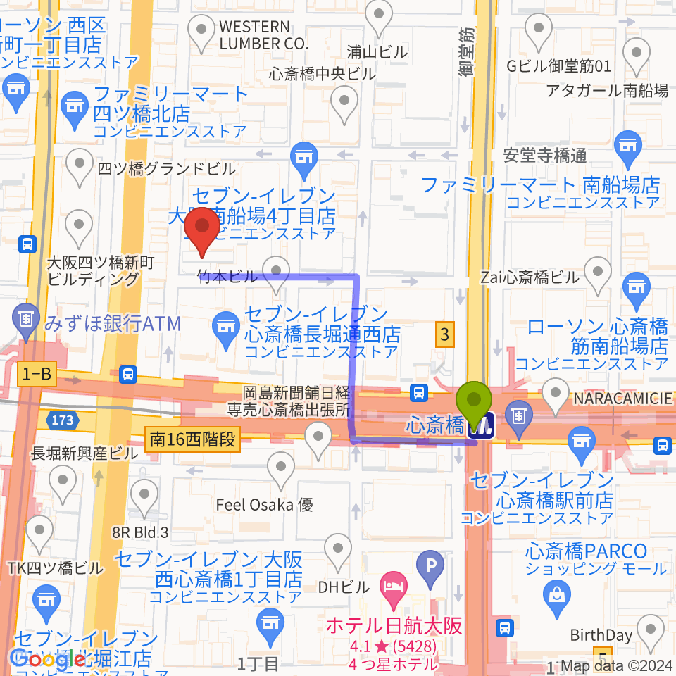 FUN HOUSEの最寄駅心斎橋駅からの徒歩ルート（約4分）地図